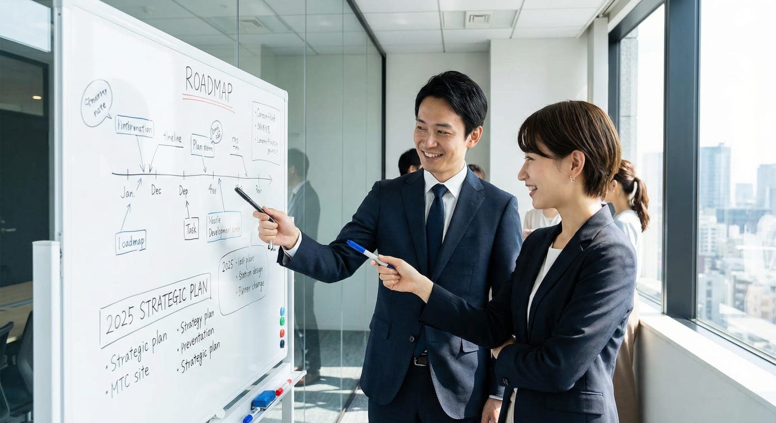 伴走支援コンサル:日本人がロードマップを描きながら一緒に進むイメージ
